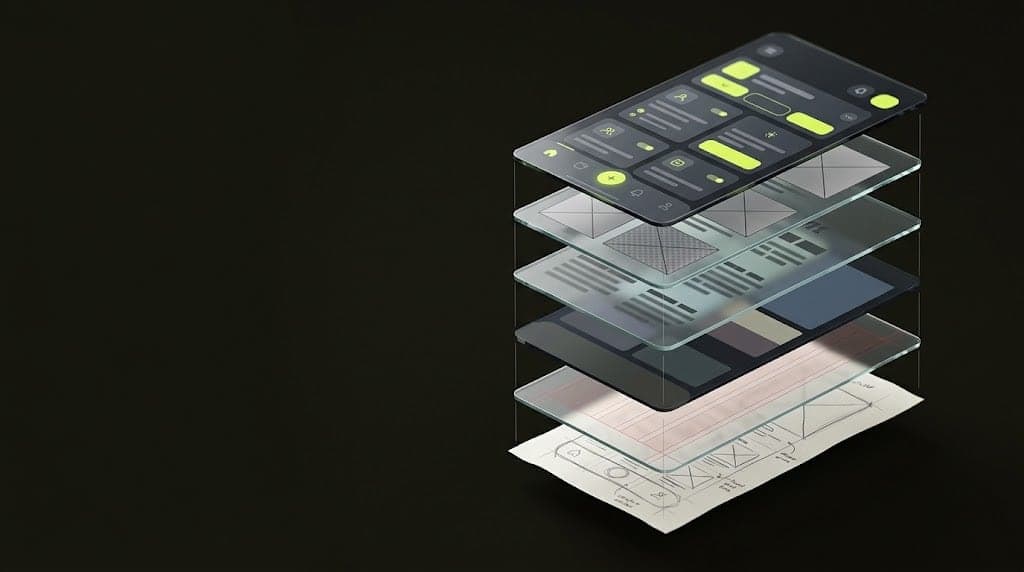 Exploded view of one app screen: a pencil wireframe at the bottom, then grid, color, type, and image layers, with the finished interface on top